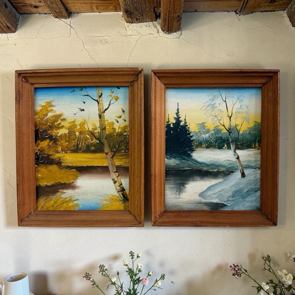 Set Of 2 Original Wood Framed Mini Oil Paintings 6x7 Landscape Autumn & Winter